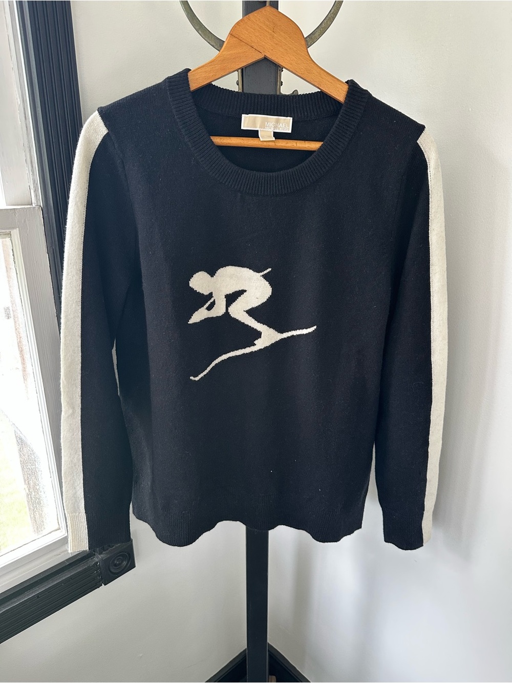 Michael Kors Collection Black Crewneck Sweater with White Ski Motif
